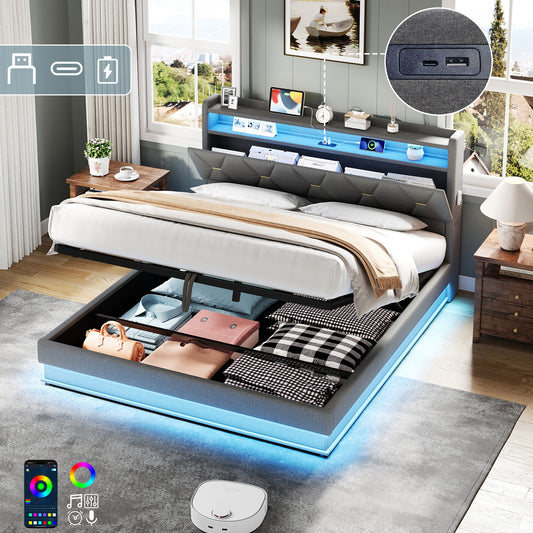 4ft6 Double Upholstered Bed Frame With Hydraulic Storage,  LED Headboard With Charging Station And Concealed Headboard Storage, USB And Type - C Ports, Linen, No Box Spring Needed, Grey  No Mattress