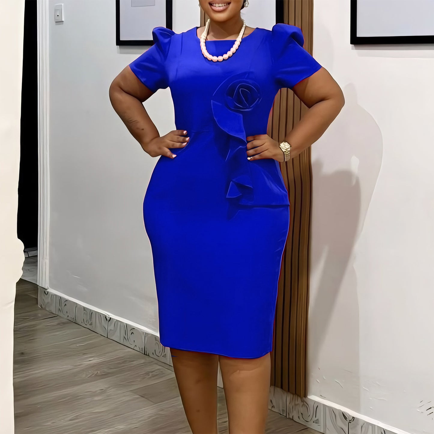 Fashion Elegant Body-hugging Lace Hem Solid Color Short Sleeve Dress