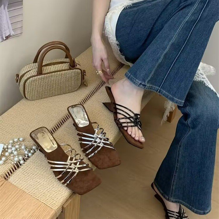 2026 New French Style Thin Strap Wedge One-Strap Slippers Women Summer Outdoor Wear High Heel Vacation Sandals