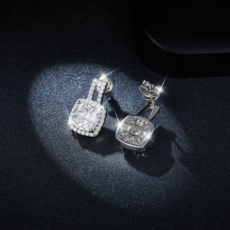 S925 Sterling Silver 7x7mm Cushion Cut Moissanite Stud Earrings  Double Bar Halo Drop Earrings With GRA Certificate Platinum Plated Jewelry Gift Box Set
