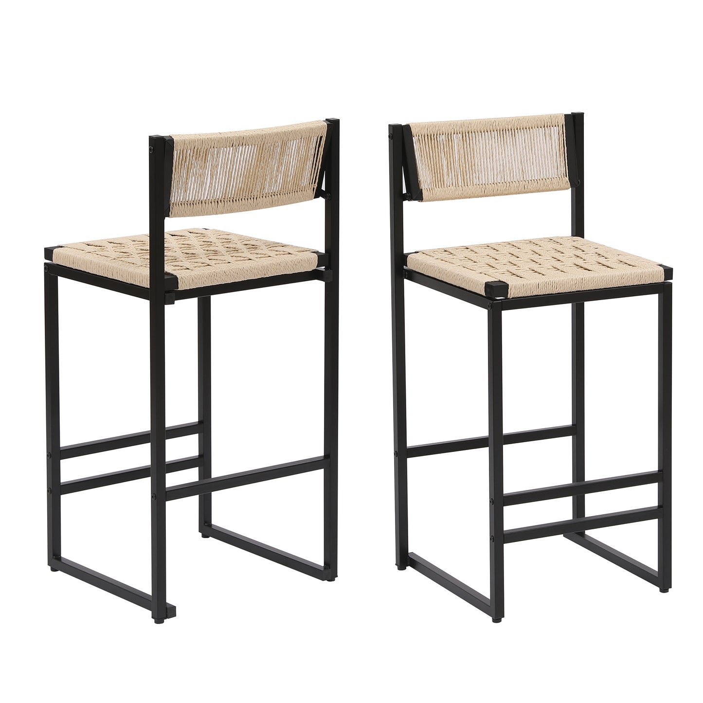 Set Of 2 Woven Bar Stools With Backrest Paper Rope Weave Dining Chairs For Kitchen Island  Style B Black & Creamy White