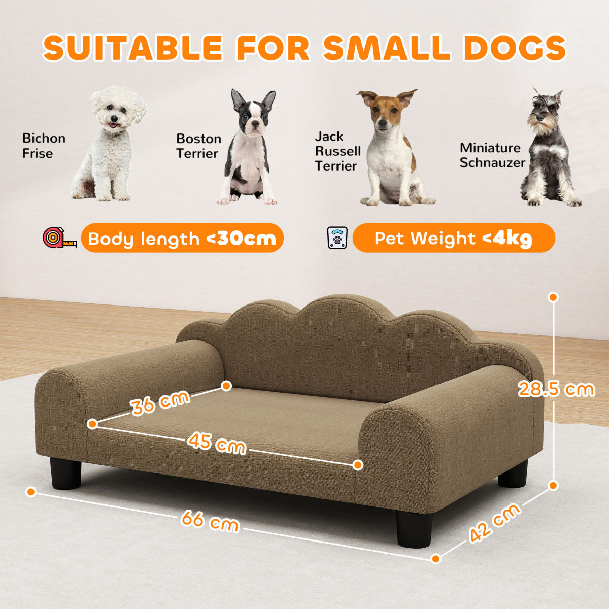 PawHut Elevated Dog Sofa Bed, Breathable Pet Sofa With Backrest And Armrest For Small Dogs, Brown