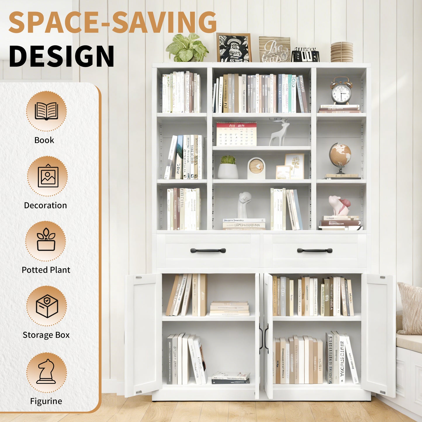 71  Tall Bookcase With Doors, Drawers & Adjustable Open Shelves, Metal Storage Cabinet For Home Office, Living Room, Industrial Bookshelf, White
