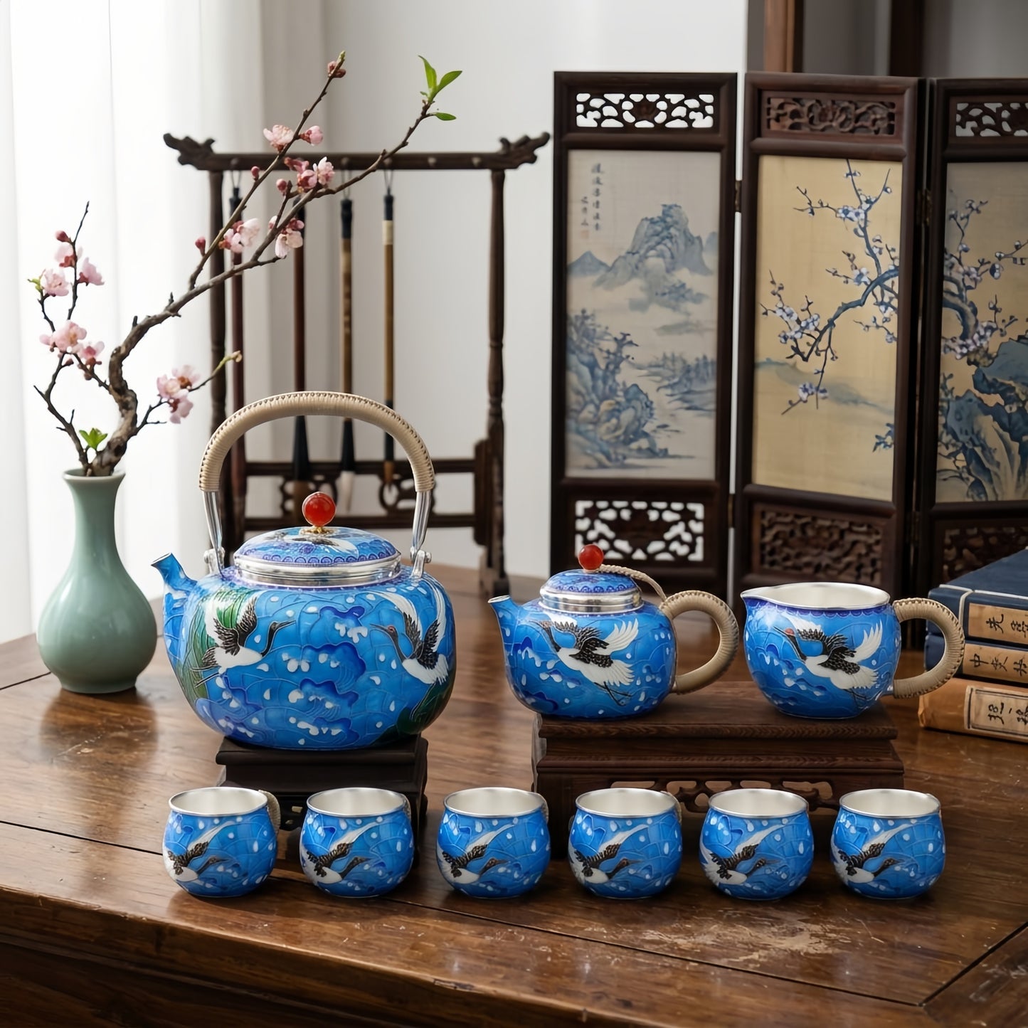 925 Sterling Silver Traditional Chinese Enamel Crane Tea Set with Bamboo Handles - Handicraft