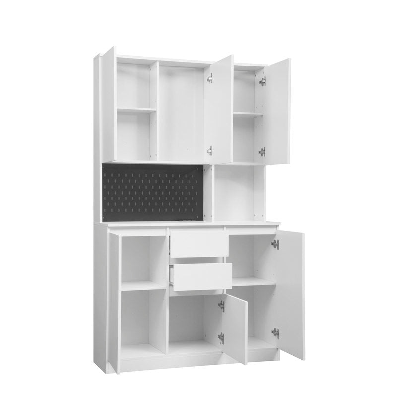 Tatub 74in Pantry Cabinet W Power Outlet, Kitchen Hutch W Storage & Microwave Shelf, White Kitchen Pantry Storage Cabinet W LED Light Strip