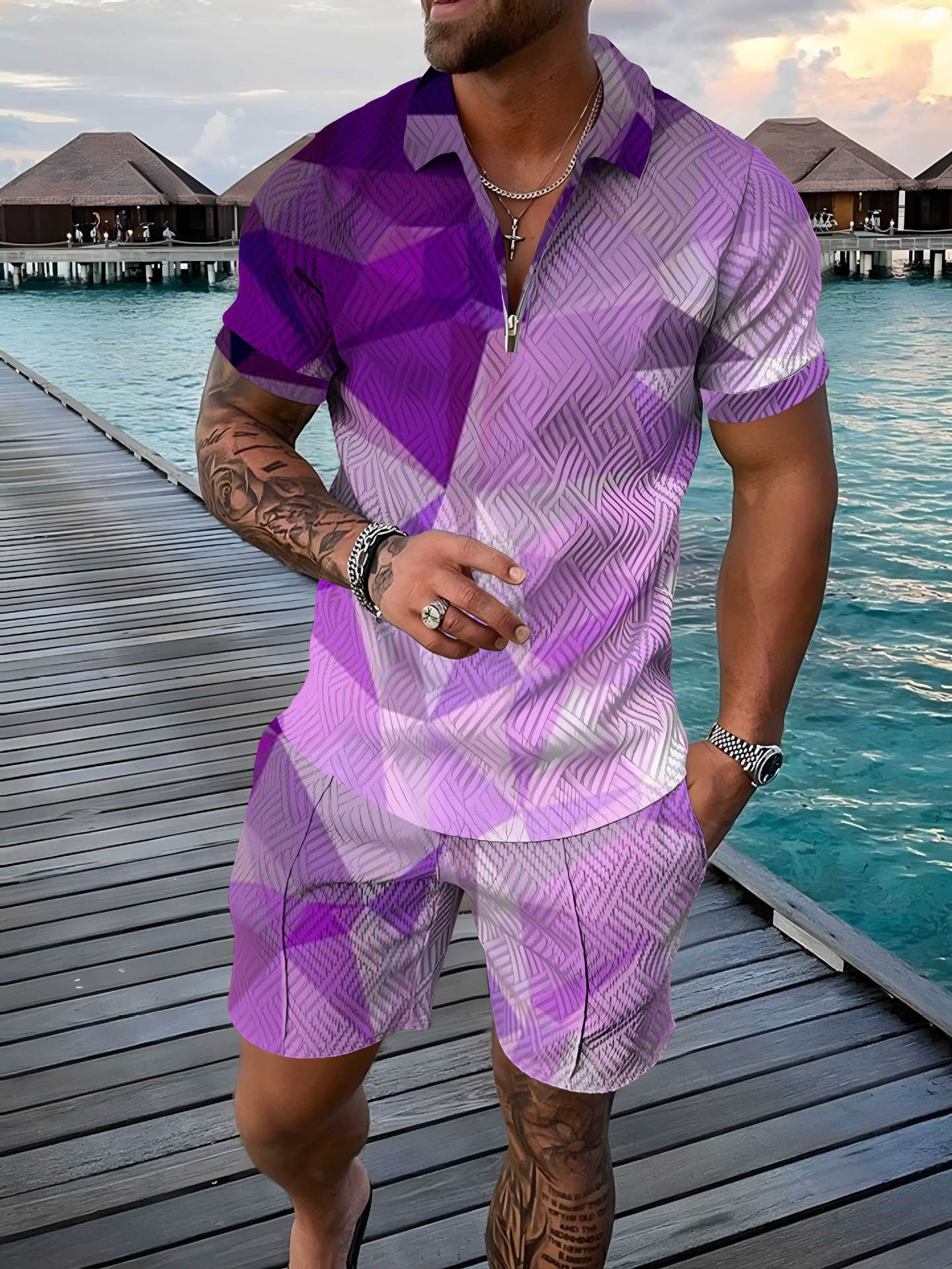 Men's Polo Shirt Summer Fashion 3D Printed Short Sleeve Geometric Zip Lapel