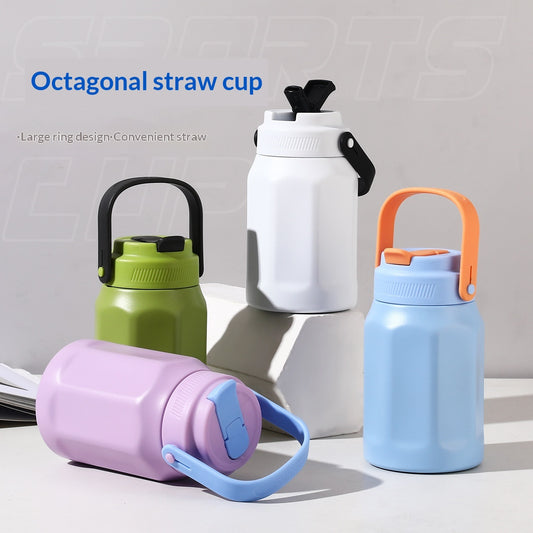 Large-Capacity Octagonal Wide-Bottom Cup 304 Stainless Steel Insulated Travel Mug With Straw For Outdoor Sports