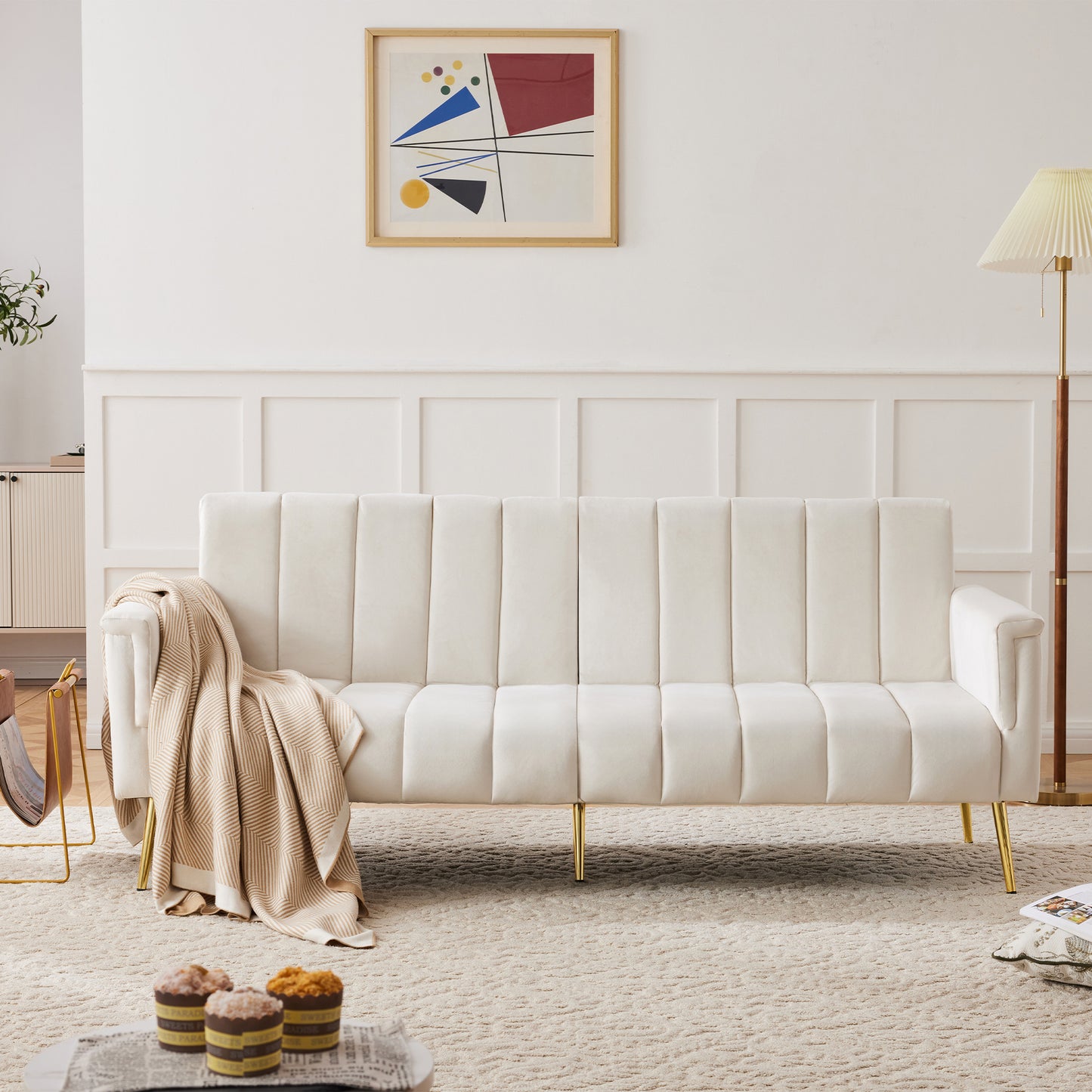Modern Adjustable Velvet Sofa Bed With Multi Position Backrest & Armrests, Metal Legs, Convertible Sleeper Function, Ideal For Living Room, Bedroom, Home Theater & Guest Room, Beige, Video Included