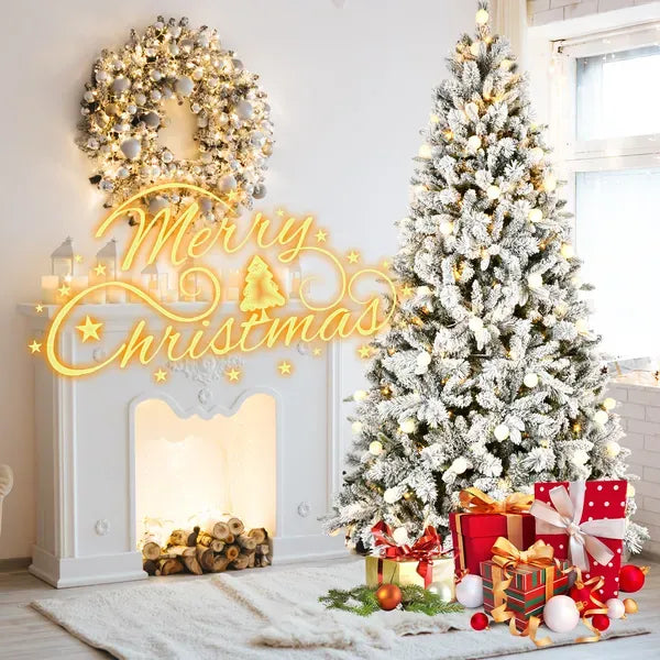 Artificial 8ft Flock Christmas Tree With 1793PE/PVC Mixed Branch Tips, 470L Warm White Lights, Hinged Premium & Foldable Base For Indoor Holiday Decorating