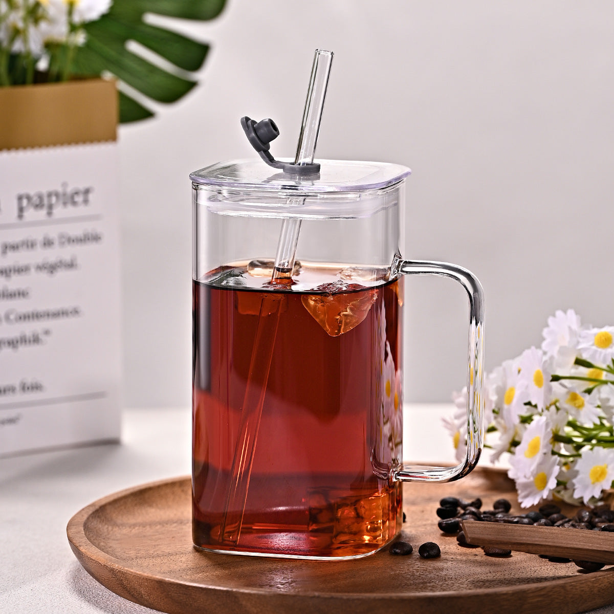 1 Pcs Green Glass Straw Cup, 4 Colors Square Glass Cup With Straw And Lid, High Borosilicate Glass Cup, Milk Cup, Juice Cup, Cold Drink Cup, Coffee Cup, Tea Cup, Office Cup, Gift Cup