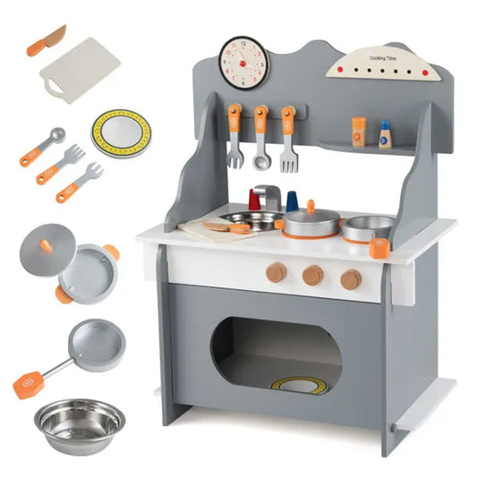 Gray Wooden Toddler Play Kitchen With Sink & Accessories, Safe Gift For Kids 3+