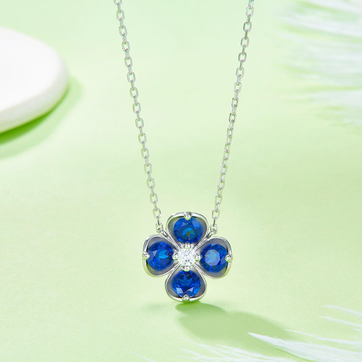 S925 Sterling Silver Clover Necklace, 2.6ct Lab-Grown Ruby Sapphire Emerald Padparadscha, Platinum Plated 45cm, 4.3g Gift Box