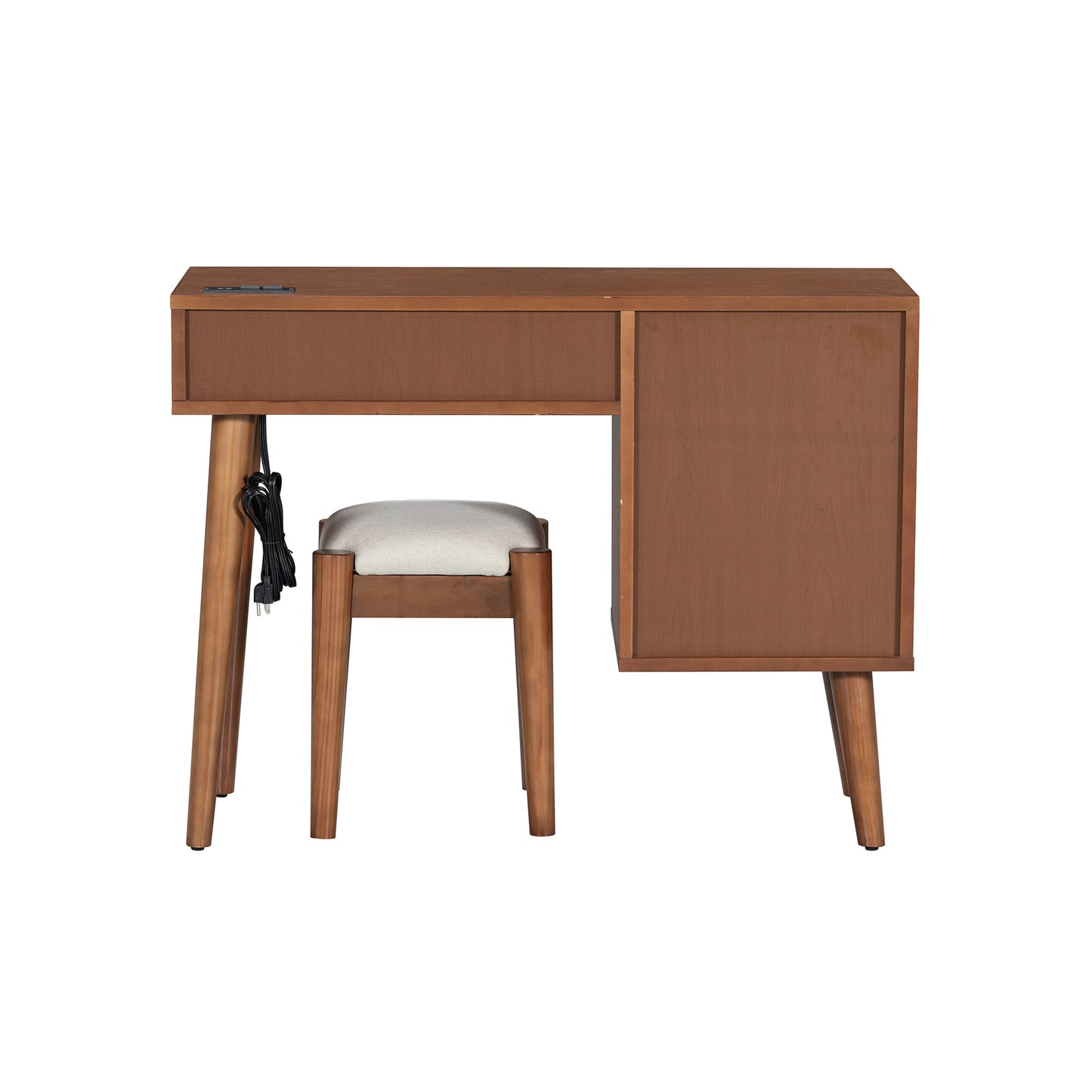 39  Retro Bohemian Style Wooden Makeup Vanity Set With Charging Plug&USB Port And Stool, Dressing Table With 3 Storage Drawers And 1 Rectangular Rattan Drawer, Walnut