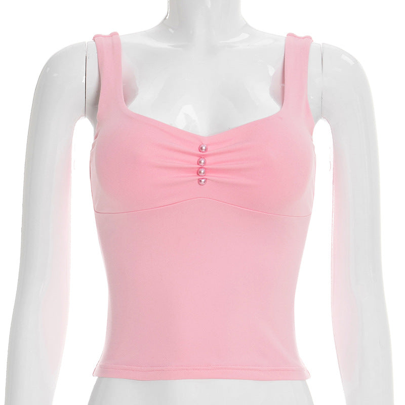 New U-neck Pleated Beaded Slim-fit Vest Top