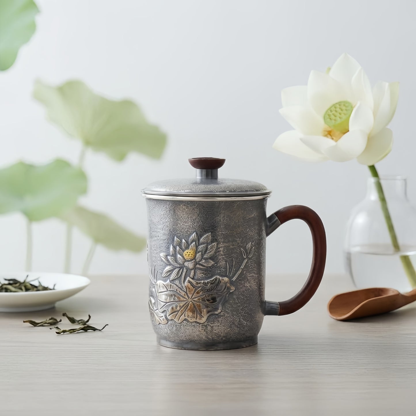 Pure 999 Fine Silver Elegant  Tea Cup with Wooden Handle and Lotus Design-Premium Tea Mug - Handicraft