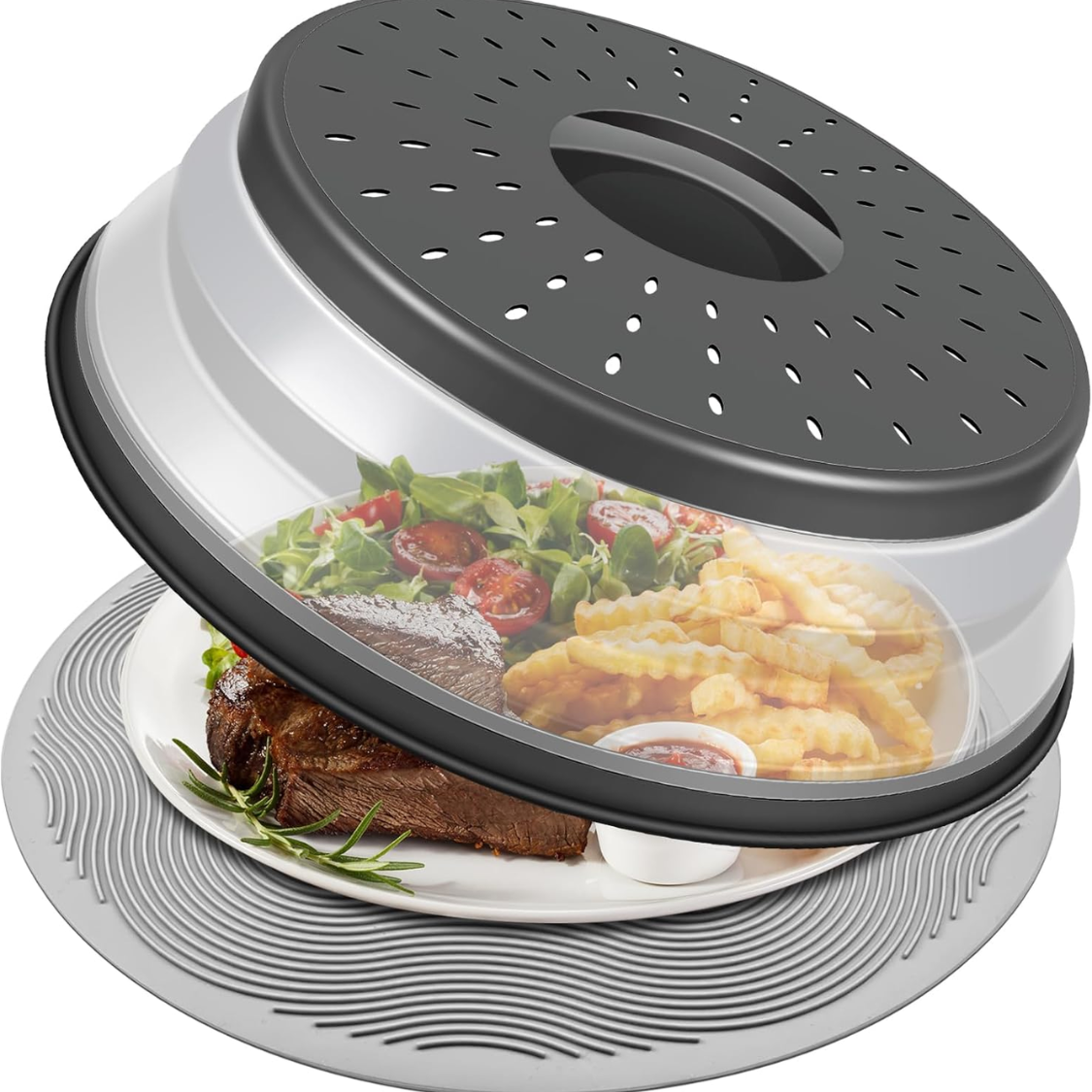 10 Inch Microwave Food Cover & Collapsible Silicone Mat - Splatter Guard, Plate Holder & Kitchen Colander For Meal Prep, Charcoal