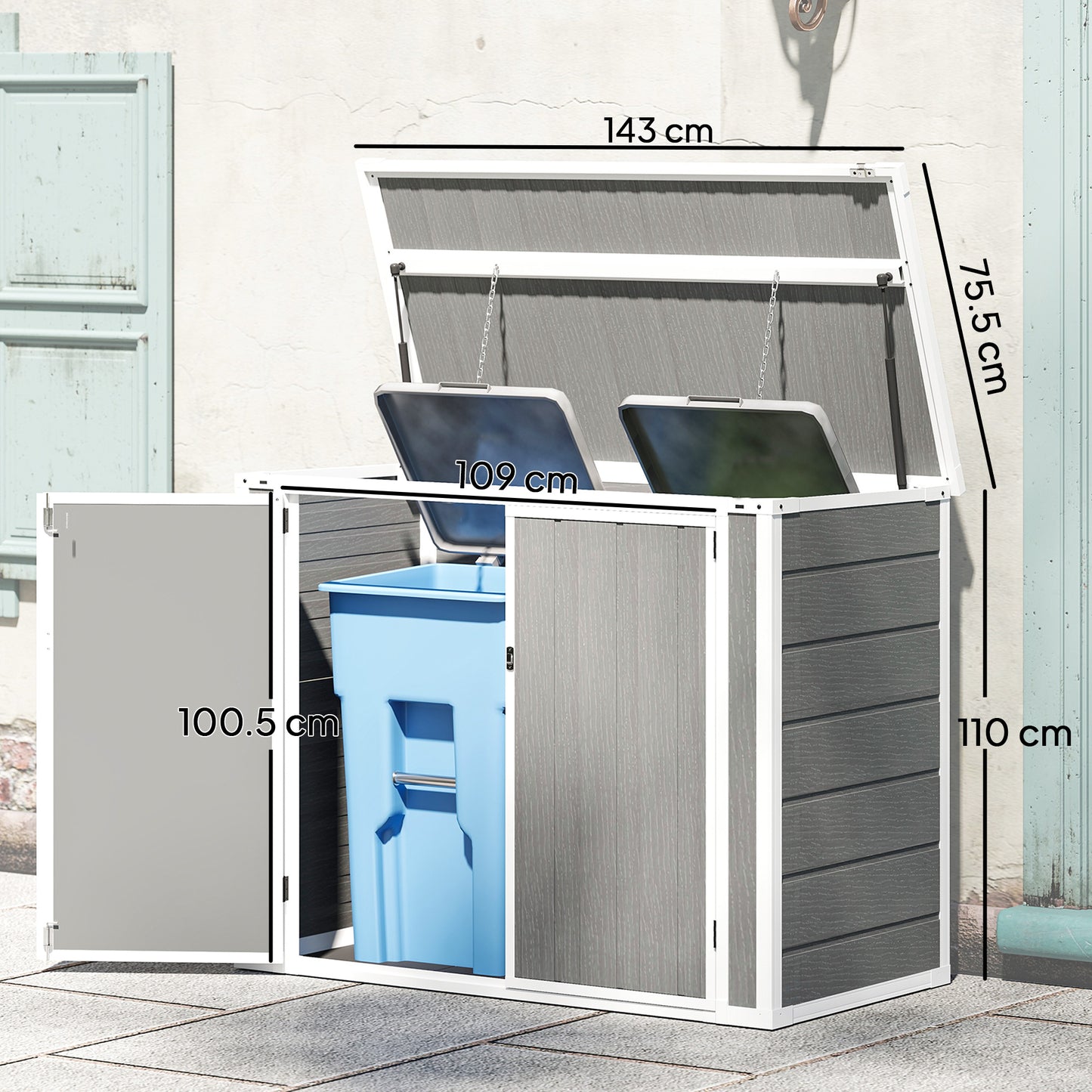 4.7 X 2.5FT Garden Shed, Double Bin Storage Shed With Lockable Doors, Outdoor Small Shed With Openable Lid For 2 Trash Cans, Garden Tools, Grey