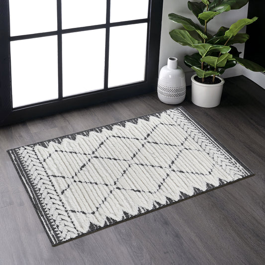 Step Collection High-Low Trellis Cream Anthracite Indoor Area Rug, 2'x3', Modern, Contemporary, Geometric, Bohemian, Bedroom, Kitchen, Living Room, Doormat, Non Shedding Carpet