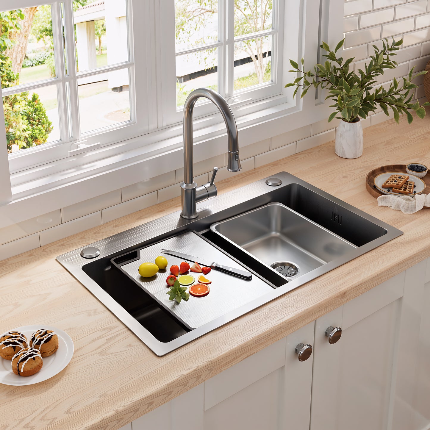75x45cm Stainless Steel Inset Sink With Cutting Board,Additional Inner Basin And Strainer Basket,PVD Coated Kitchen Sink,Waterfall Drain,Low Noise Construction And 3 Faucet Holes