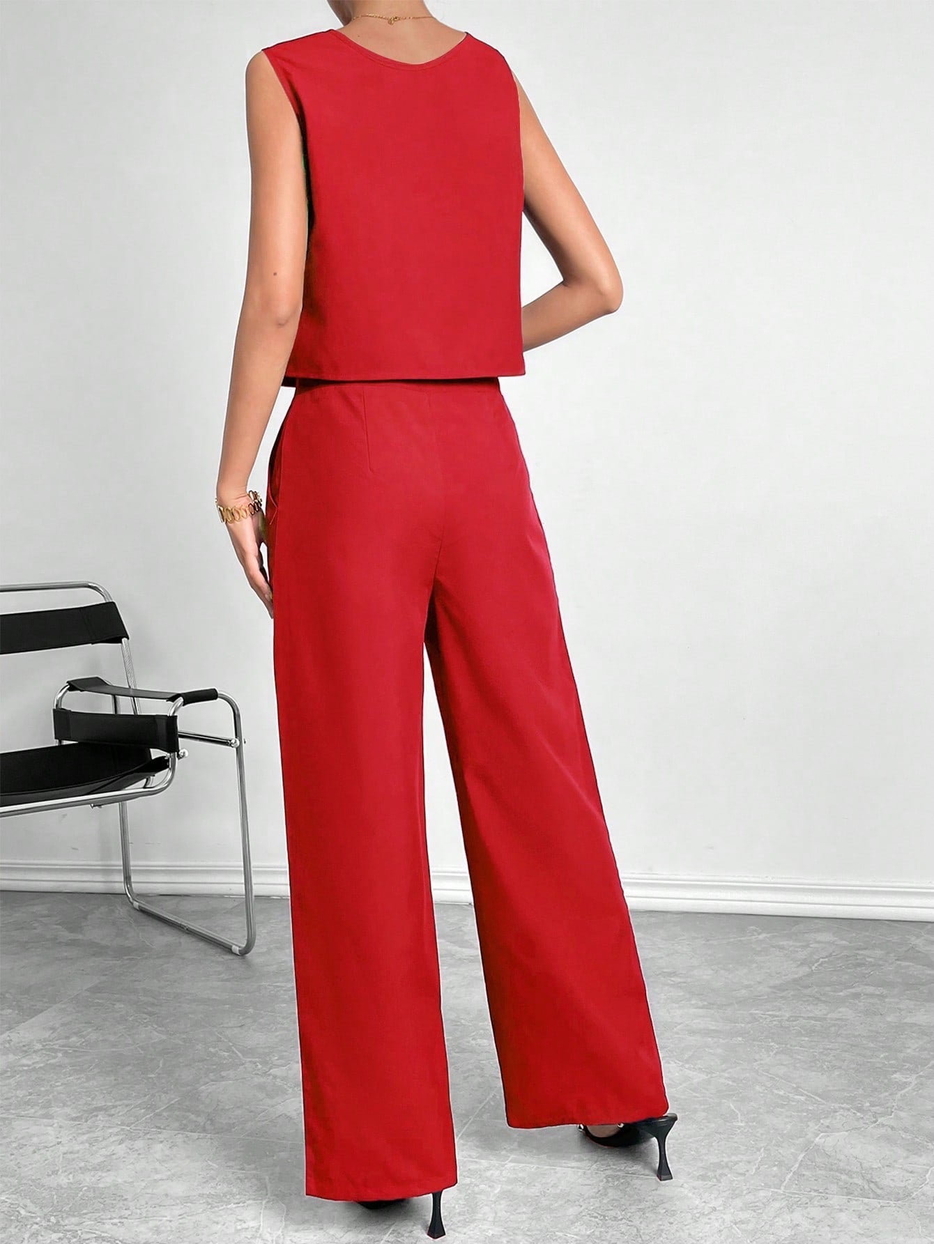 Women's Sleeveless Round Neck Crop Top & Wide Leg Pants Two Piece Set - Casual Solid Color Office Wear Outfit