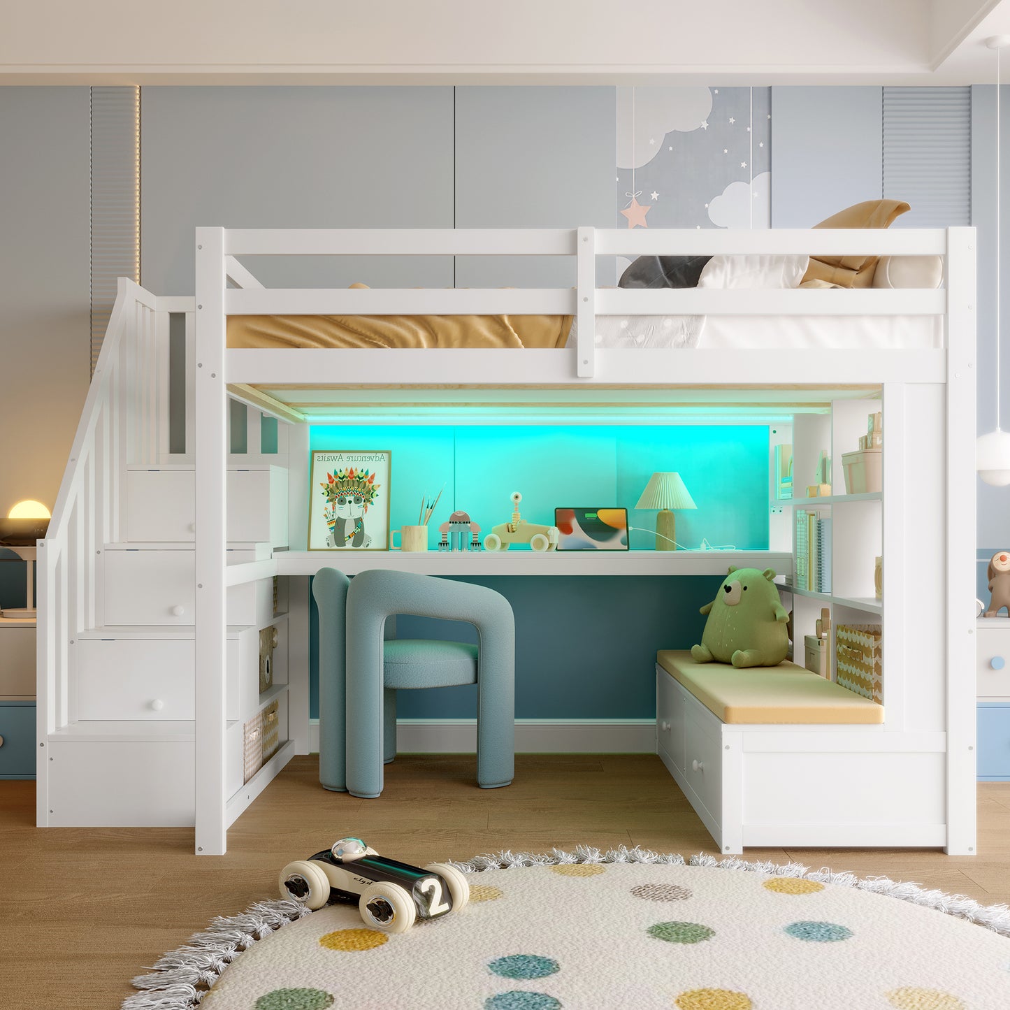 140x200 Loft Bed With Desk And Shelves, Two Integrated Drawers, Storage Staircase, White