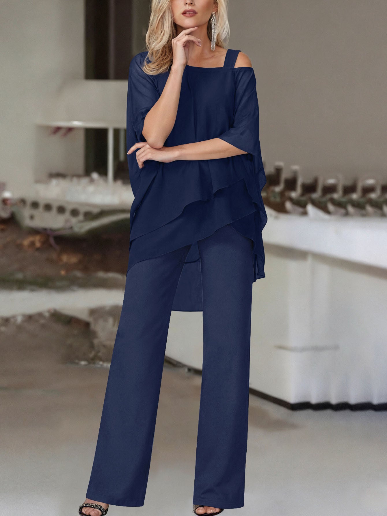 Cold Shoulder Asymmetrical Ruffle Blouse & High Waist Wide Leg Pants Set For Women Casual Elegant Two Piece Outfit Casual Office Wear