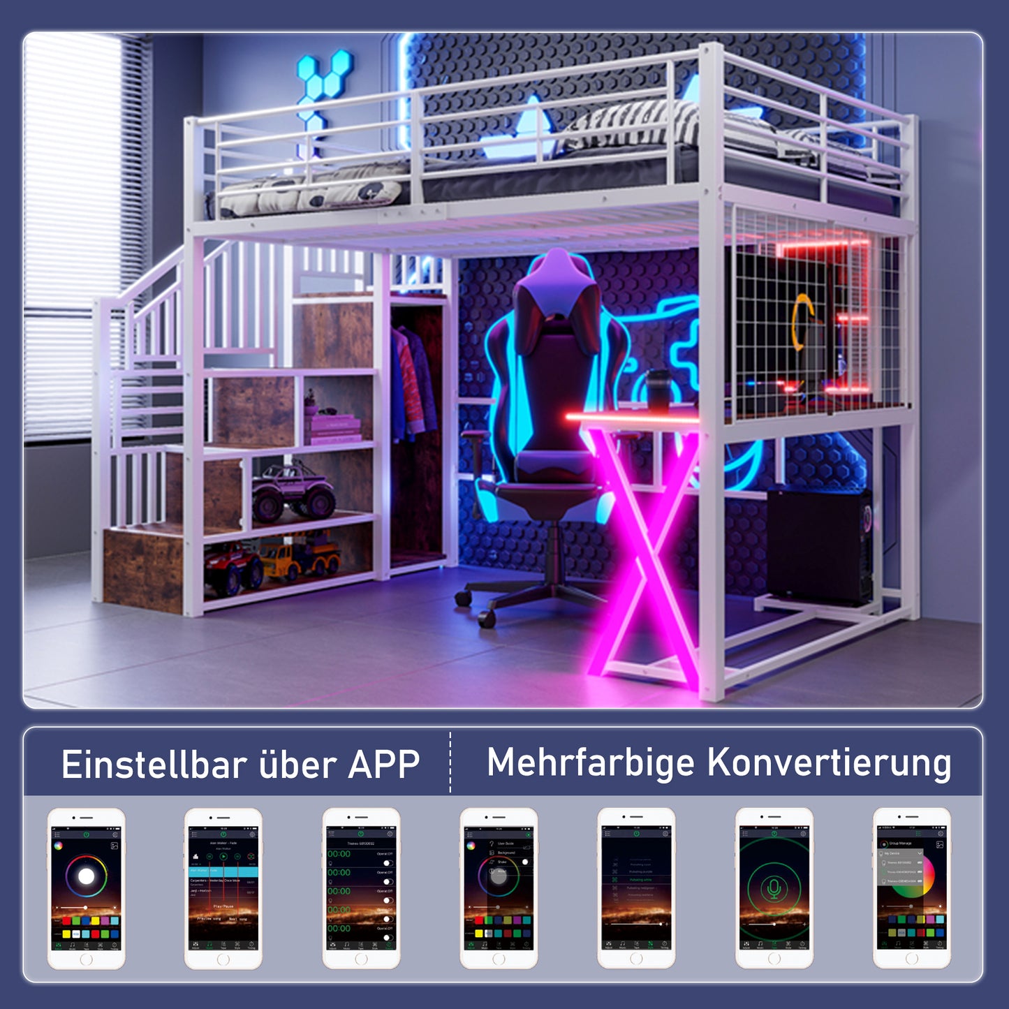 Loft Bed, 140x200cm, With LED Lights, Storage Ladder, Desk, Wardrobe, Shelves, Without Mattress, White