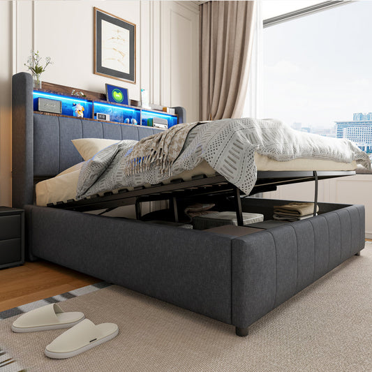 Upholstered Bed 140X200cm With LED Lighting And USB Socket, Headboard With Shelves And Storage Space, With Hydraulics For Storage, Adult Bed Double, Linen Fabric Grey