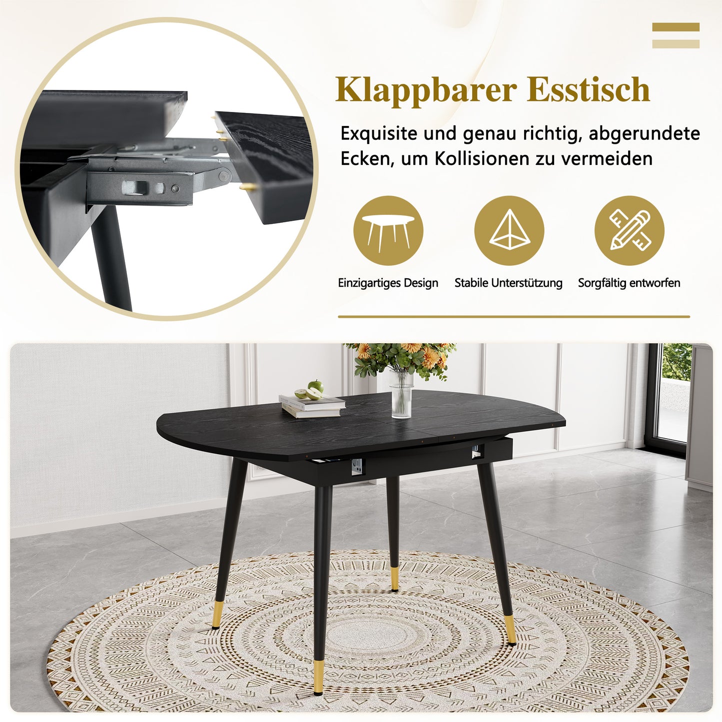 Modern Extendable Dining Table, Transforms From Round To Oval, MDF Top In Black Walnut With Gold Accents, Sturdy Metal Legs, Space-saving For Kitchen & Dining Room
