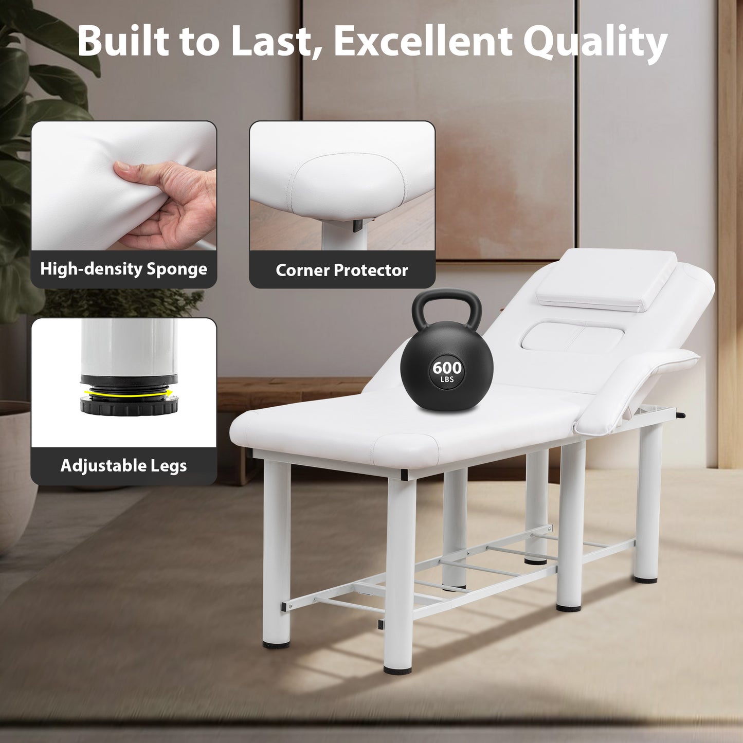 Professional Beauty Bed With Removable Headrest & Breast Cushions, Armrests And Storage Shelf For Full Body Massage, Facial, Tattoo & Spa,White