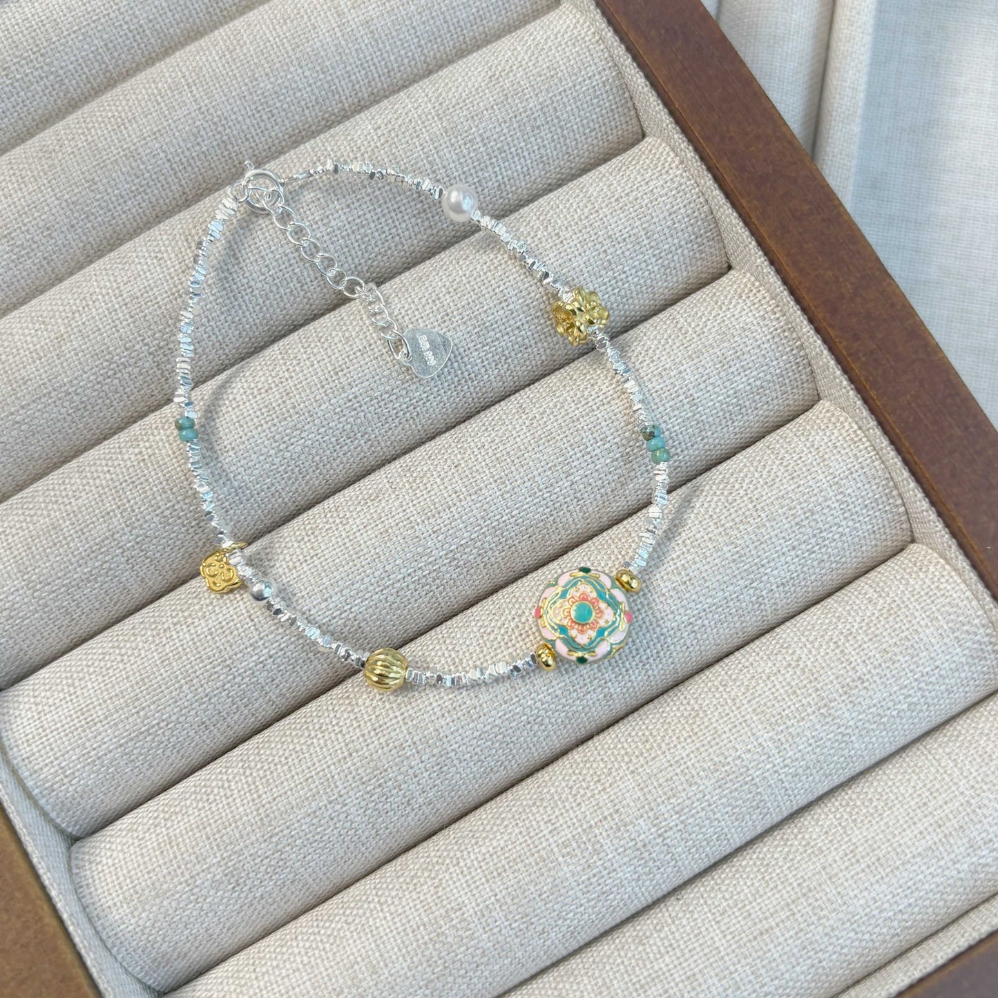 1pc 999 Sterling Silver Enamel Charm Bracelet, Chinese Style, Perfect For Daily Wear And Valentine's Gift
