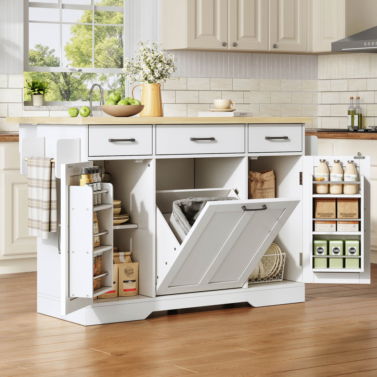 Mobile Kitchen Island With Foldable Worktop, Kitchen Trolley, Storage Cupboard, Garbage Cabinet, Buffet Cabinet With Spice Rack, Drawer And Castors, 120 X45X87 Cm