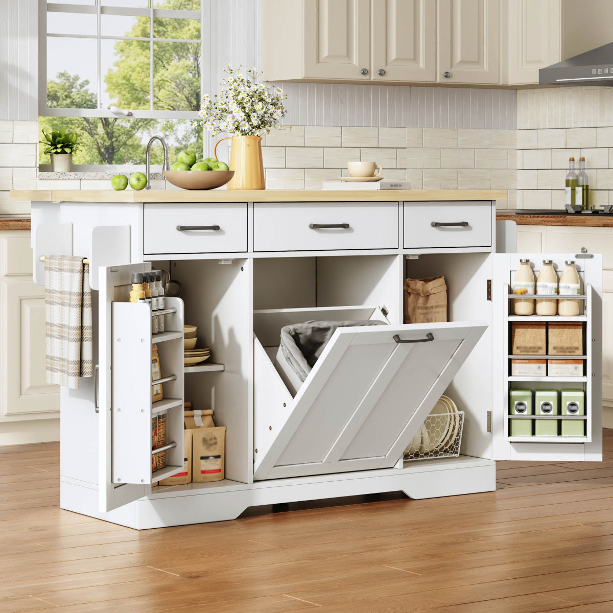 Mobile Kitchen Island With Foldable Worktop, Kitchen Trolley, Storage Cupboard, Garbage Cabinet, Buffet Cabinet With Spice Rack, Drawer And Castors, 120 X45X87 Cm