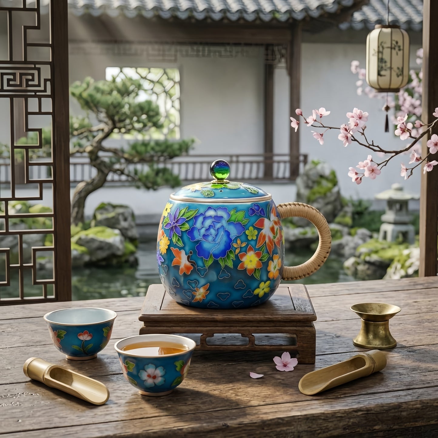Pure 999 Fine Silver Blue Floral Teapot with Woven Handle-Premium Indigo Tea Mug - Handicraft