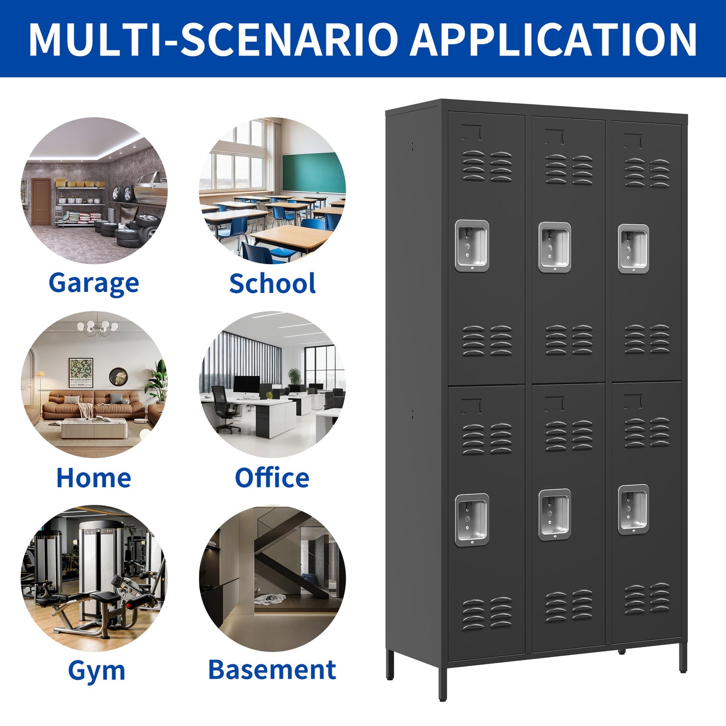 6 Door 72 H Metal Lockers With Lock For Employees,Storage Locker Cabinet For Home Gym Office School Garage,BLACK