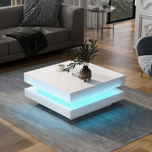 Square White Coffee Table  Modern Tech Style, With Bluetooth LED Strip, 70 X 70 X 36 Cm, Max. Load 45 Kg
