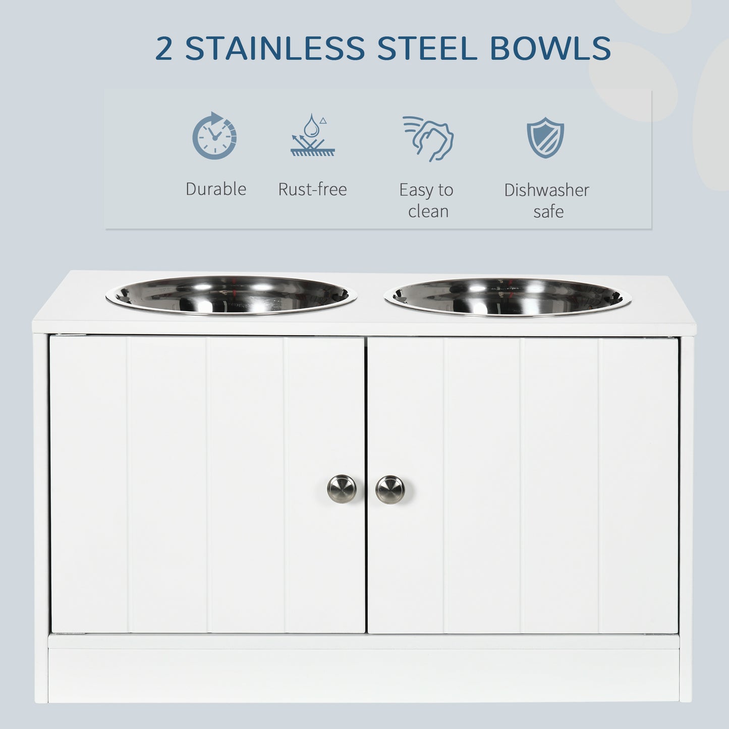 Large Elevated Dog Bowls with Storage Cabinet Containing Large 44L Capacity, Raised Dog Bowl Stand Pet Food Bowl Pet Feeding Station, White