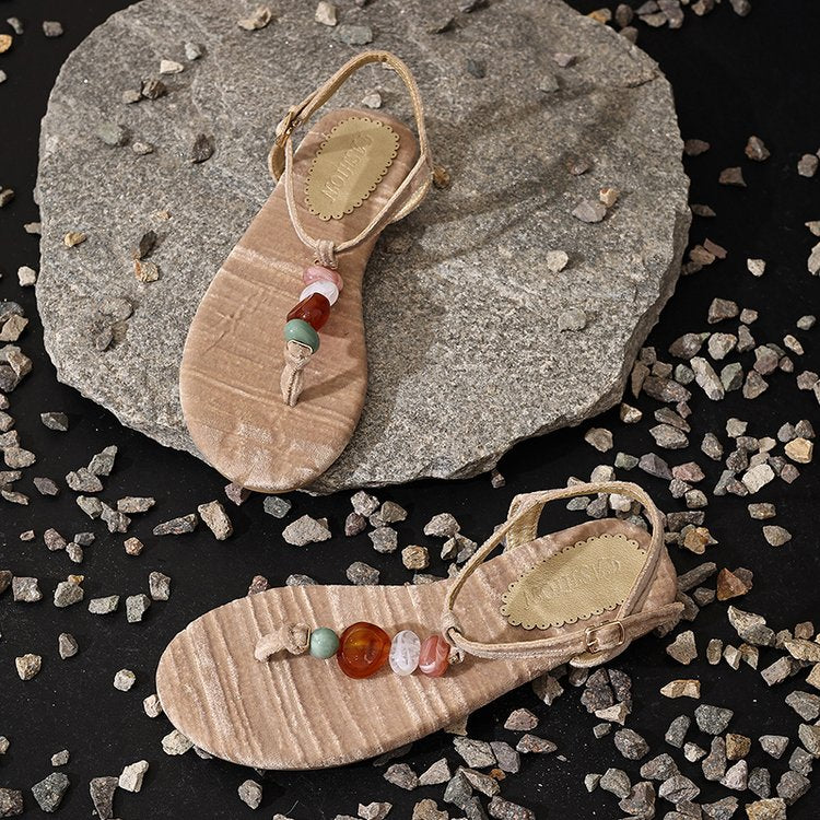 Retro Woven Bead Clip Toe Herringbone Sandals For Women's Summer New Fashion Beach Shoes Agate Slippers