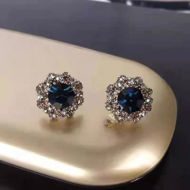 Gunmetal Grey Rhinestone Crystal Round Stud Earrings For Women, New Bestselling Blue Zircon Floral Earrings, Exquisite Trendy Ear Jewelry