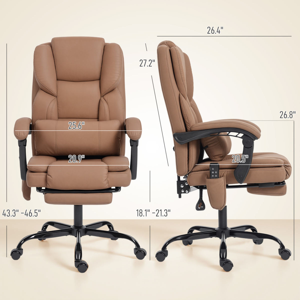 Office Chair with Massage, Pet-Friendly Faux Leather Reclining Desk Chair with Lumbar Support, Footrest, Brown