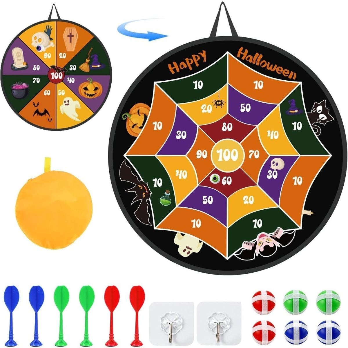 Halloween Spider Web Dartboard, Halloween Velcro Ball Game, 66 Cm Double-Sided Dart Game, Foldable Bat Throwing Game, Indoor/Outdoor Throwing Game