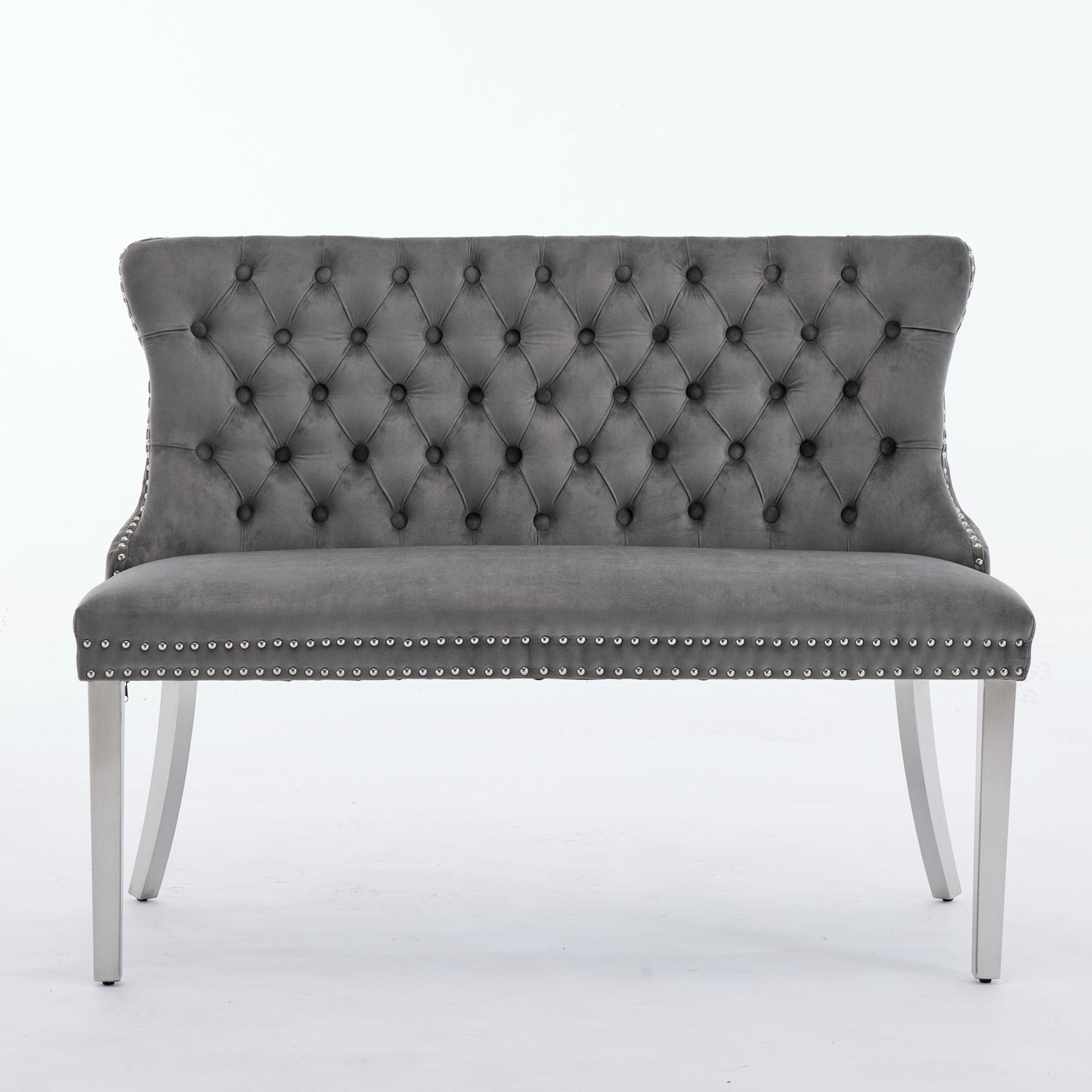 Velvet Double Dining Loveseat Bench, Kitchen & Dining Seating, 2-Seat Tufted Bench W Handmade Buttons, Wing Back, Brushed Silver Stainless Steel Legs, Mid Century Modern,Single Pack,Gray,DE1702GY