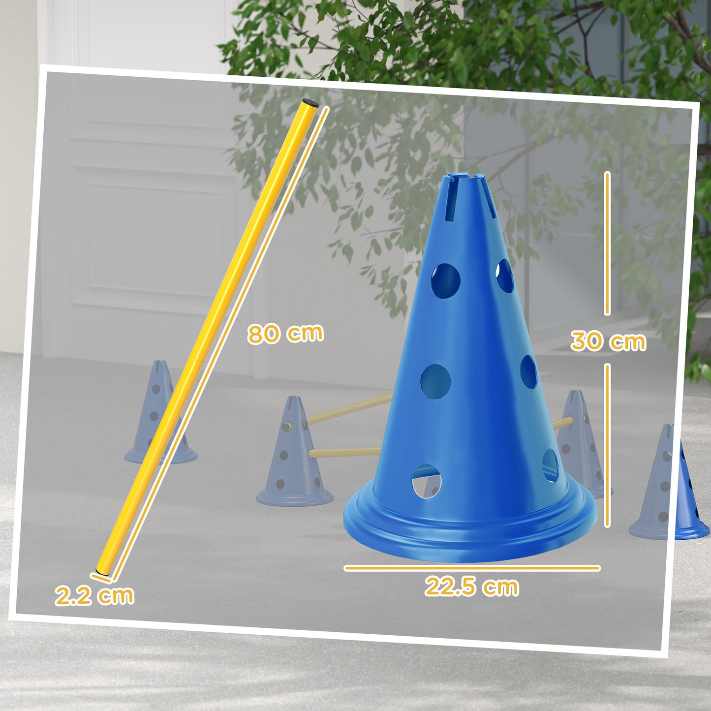PawHut Dog Agility Equipment Set Of Six Cones, Six Poles With Carry Bag, Three-Piece Adjustable Height Jumping Obstacles, Blue