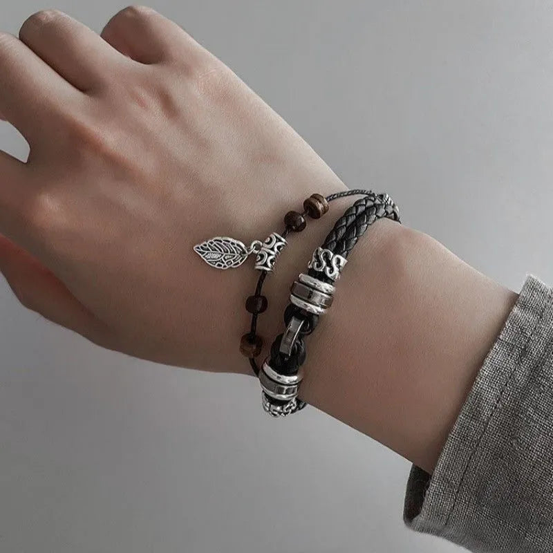 1pcs Double Layer Braided Leather Wooden Bead Leaf Charm Bracelet, Vintage Boho Ethnic Style, For Men Women Daily Outdoor Wear & Couple Holiday Gifts