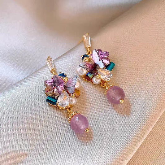 Korean Style Sweet Purple Rhinestone Crystal Flower Earrings For Women Luxury Elegant Versatile