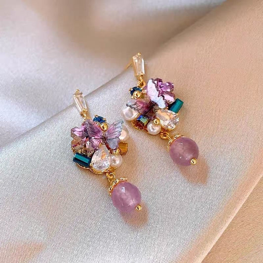 Korean Style Sweet Purple Rhinestone Crystal Flower Earrings For Women Luxury Elegant Versatile