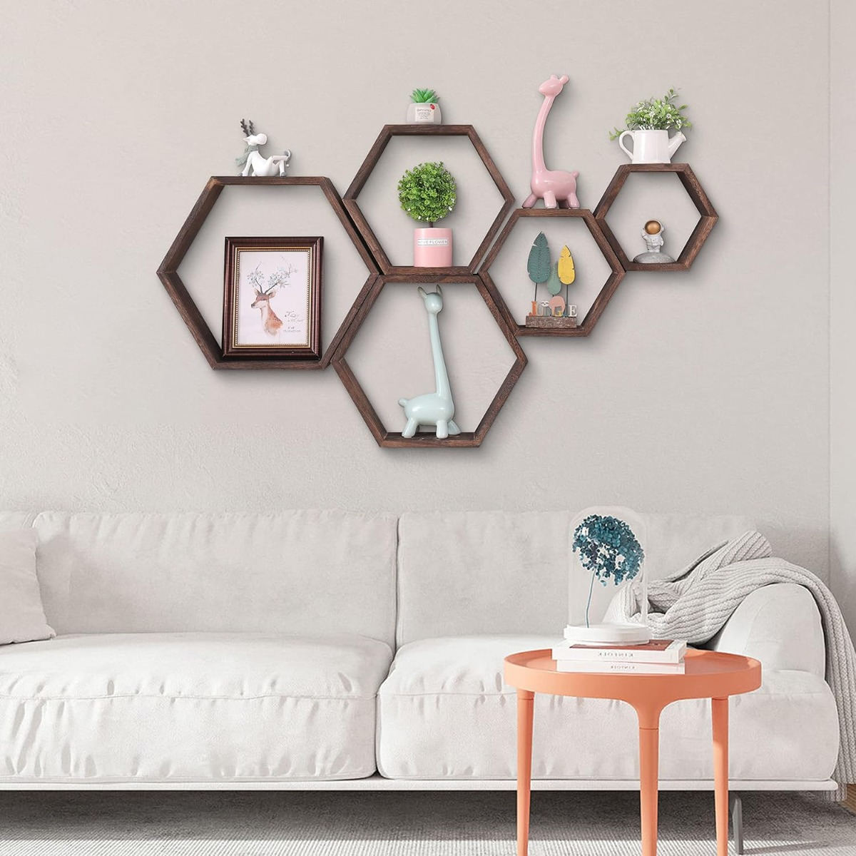Set Of 5 Walnut Hexagon Shelves, Floating Wall Shelves For Living Room Organization – Party Accessories Set