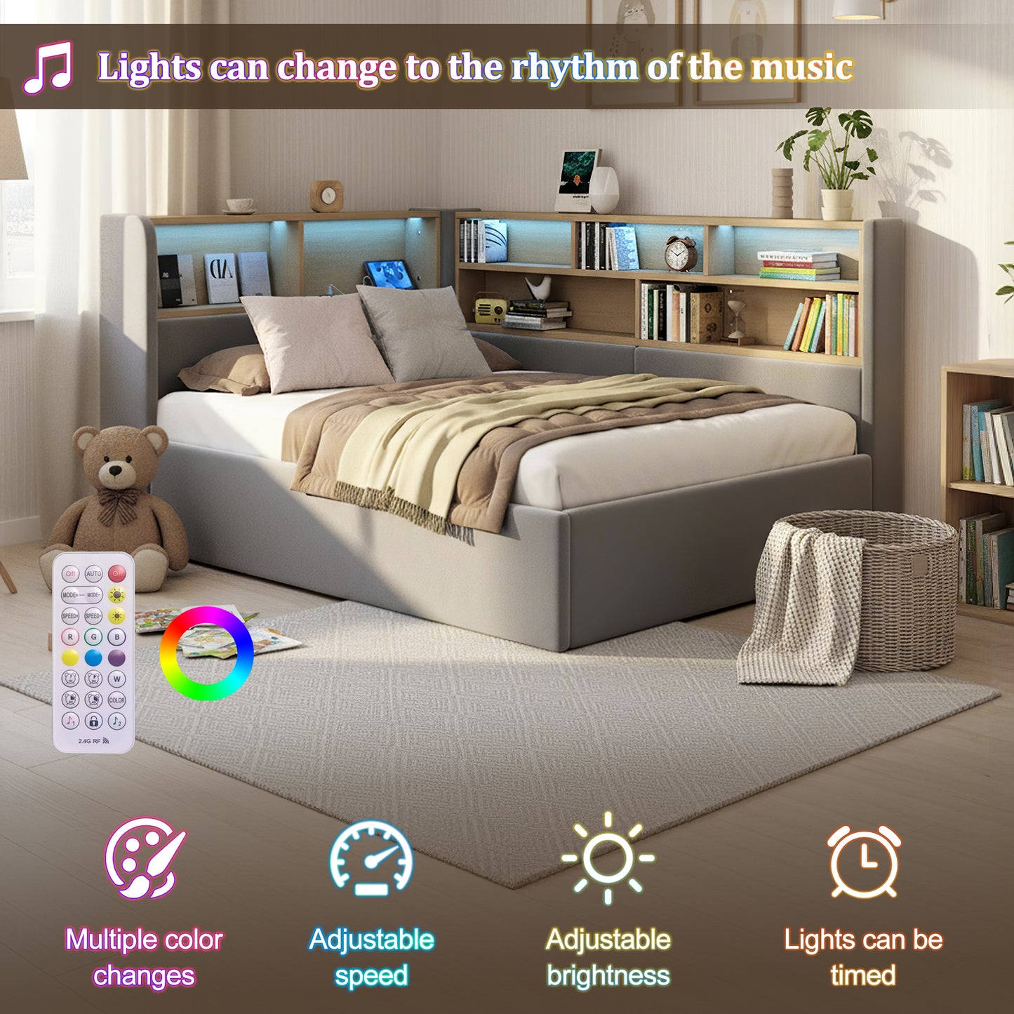 Daybed, L-shaped Upholstered With Storage Compartment, Sofa Bed With Storage, LED, USB Charging Port, 3FT Single Bed 90x190cm, Hydraulic Storage Bed Frame, Velvet, Grey