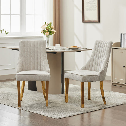 Rayon Cloth Flocking Chenille Dining Chairs Channel Kitchen Dinner Chair Comfy Fabric Upholstered Accent Chair For Dining Room With Golden Stainless Steel Plating Legs,Set Of 2  Beige  DE1647BG