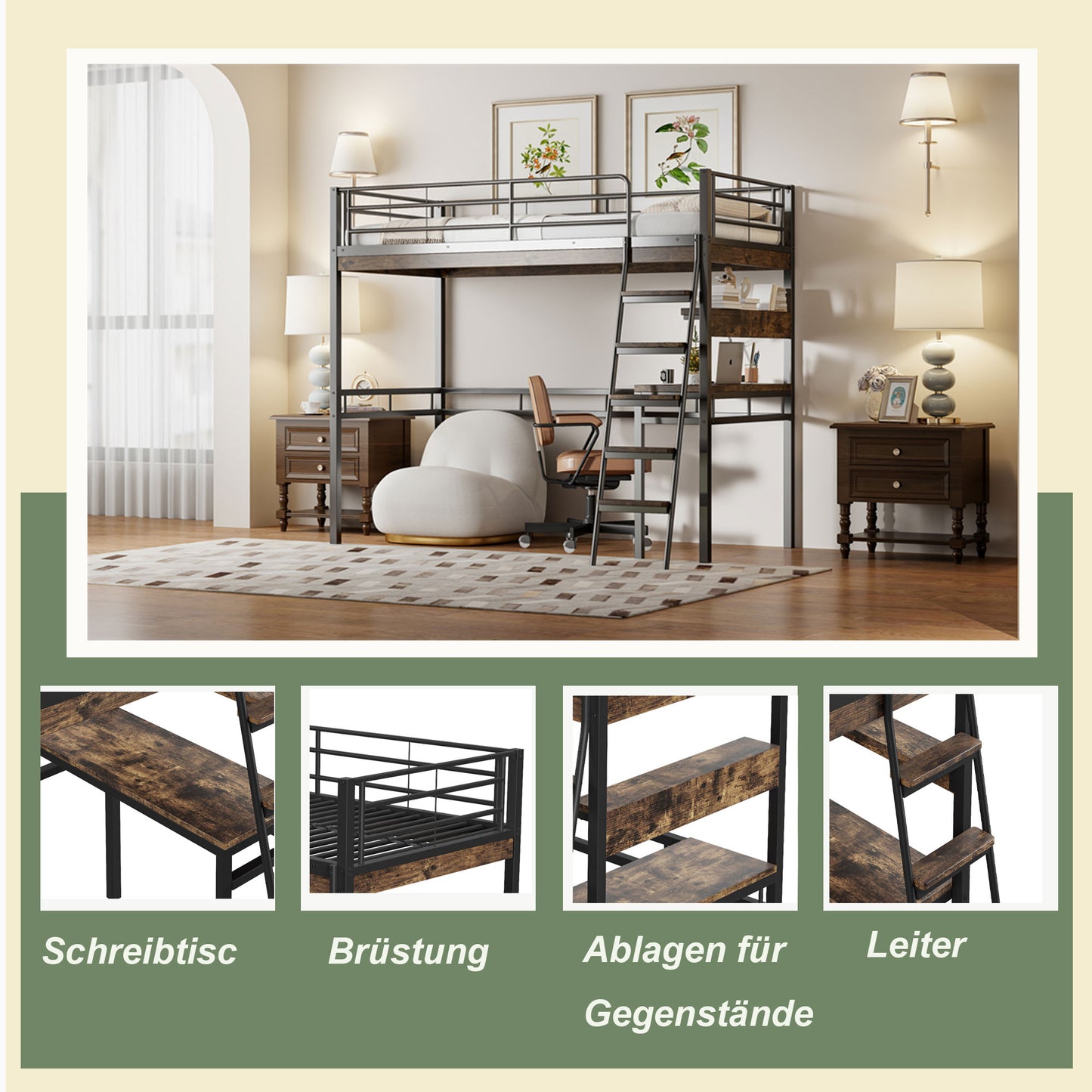 Loft Bed, 90X200cm , Without Mattress, Bed With Desk, Shelves, Railings, Ladder, Iron Frame, Black